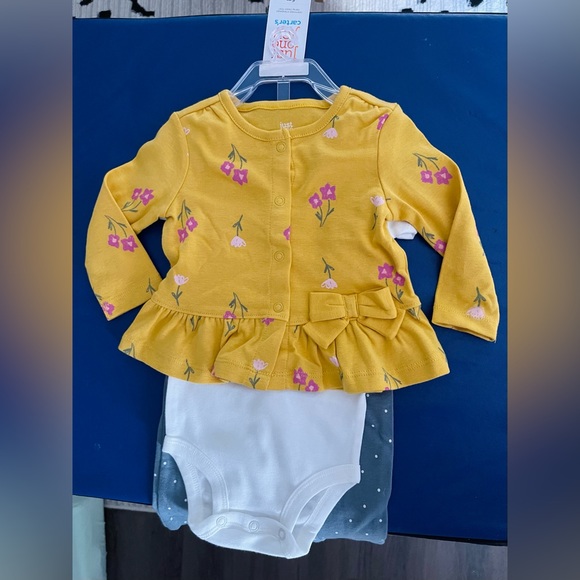 3pcs NWT Carters Girls 6m Golden flower Top Adored Onesie Grey Polka Dot Pants - Picture 2 of 8